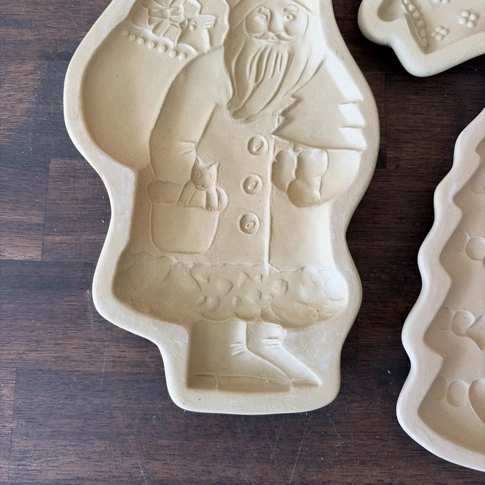Vintage Brown Bag Cookie Art Molds Stoneware Set Of 3 Angel Christmas Tree Santa